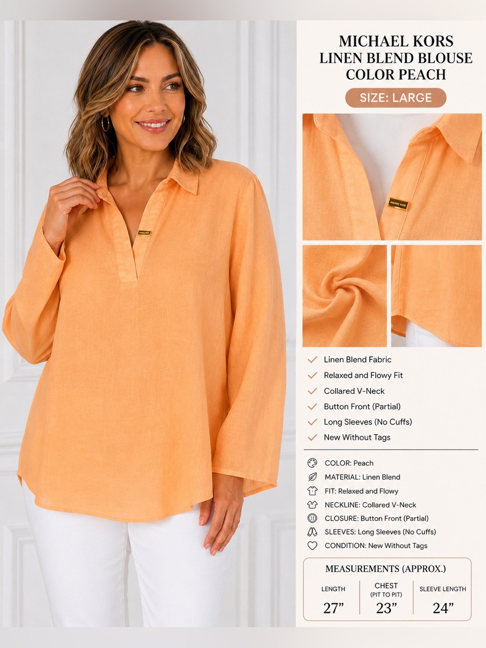 Michael Kors Linen Blend Peach Blouse Elegant Casual Size Large